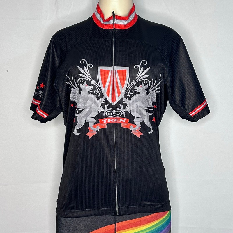 Trek Bontrager Cycling Jersey Large Black Red Crest Graphic Full Zip Bike Shirt gallery
