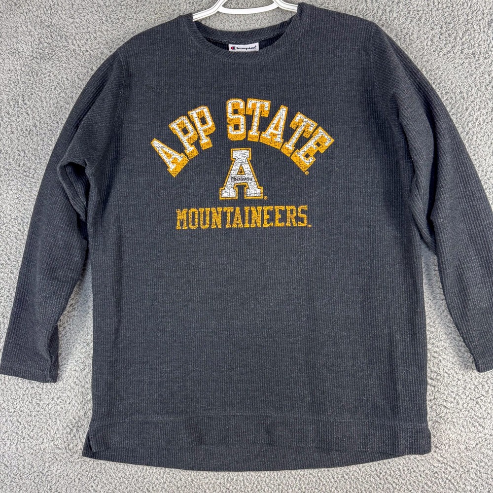 App State Mountaineers Shirt Mens Medium Gray Waffle Knit Champion LS Tee Boone
