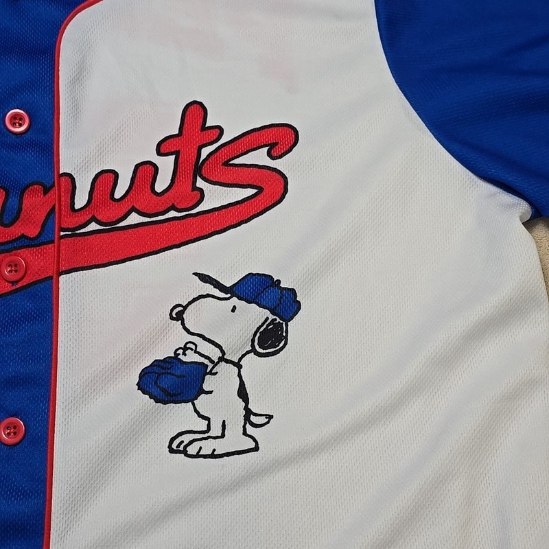 Peanuts Snoopy Baseball Jersey Large White Blue Button Front Short Sleeve gallery