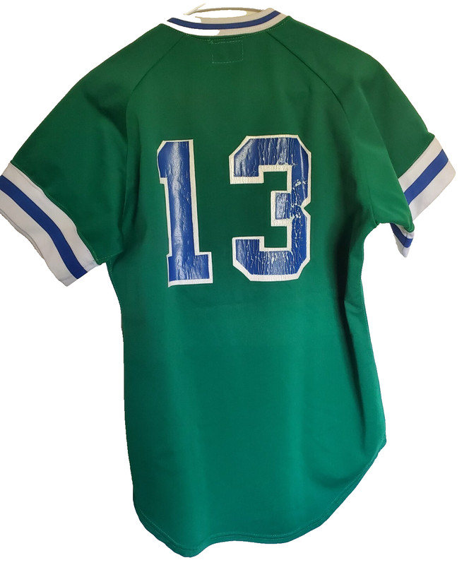 Vintage 80s Made in USA Wilson Baseball Jersey Spartans 13 Green Blue SZ 40 gallery
