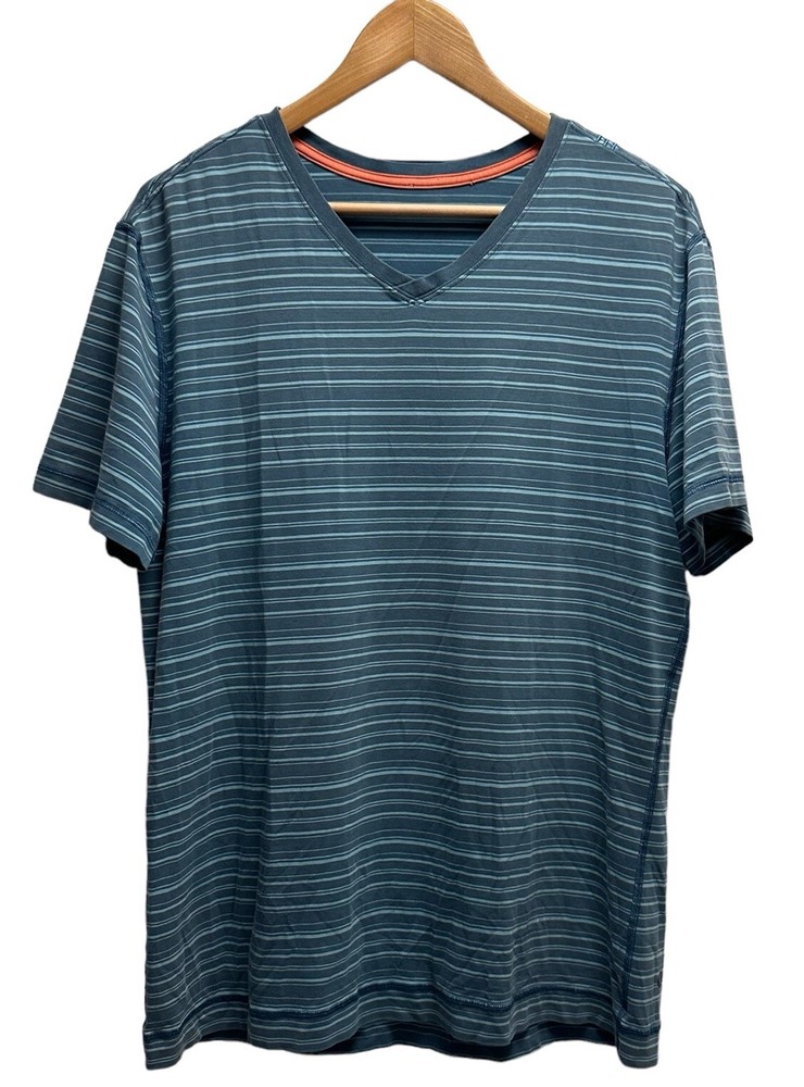 Lululemon Mens Sz Large 5 Year Basic V-Neck Tee T-Shirt Teal Blue Stripe S/S euc