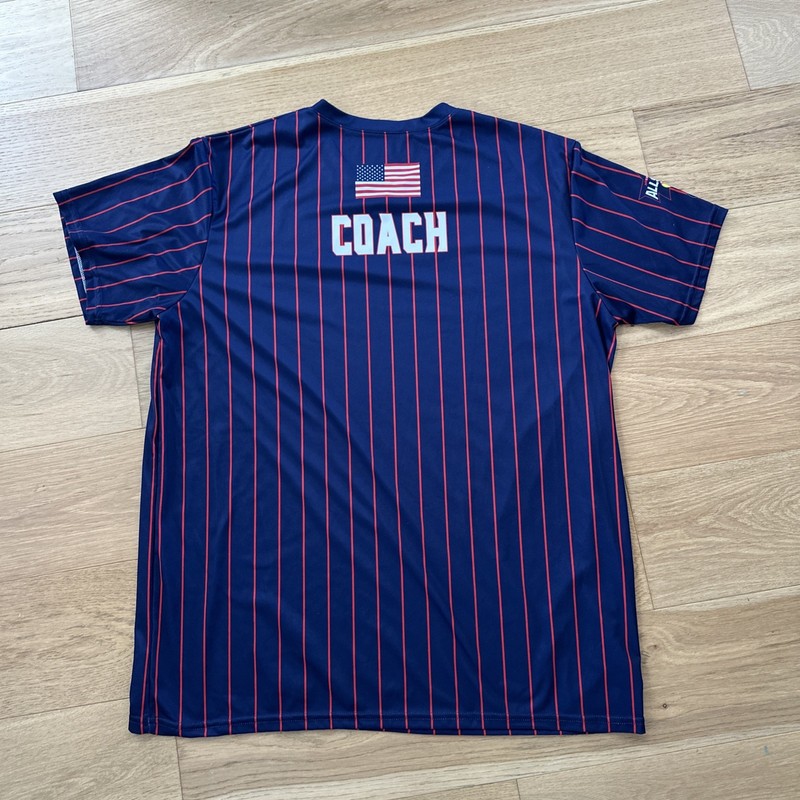 Montgomery Coach All-Star Softball Jersey Men XL Navy Red Pinstripe Short Sleeve gallery