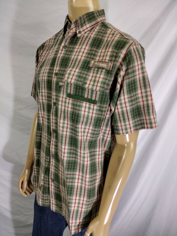 COLUMBIA PFG FISHING / RIVER SHIRT Mens M Olive Green Red Tan Plaid Checked SS gallery