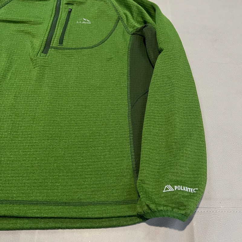 LL Bean Men M Green Micro Grid Fleece Hoodie Quarter 1/4 Zip Hike Trek Sweater- gallery