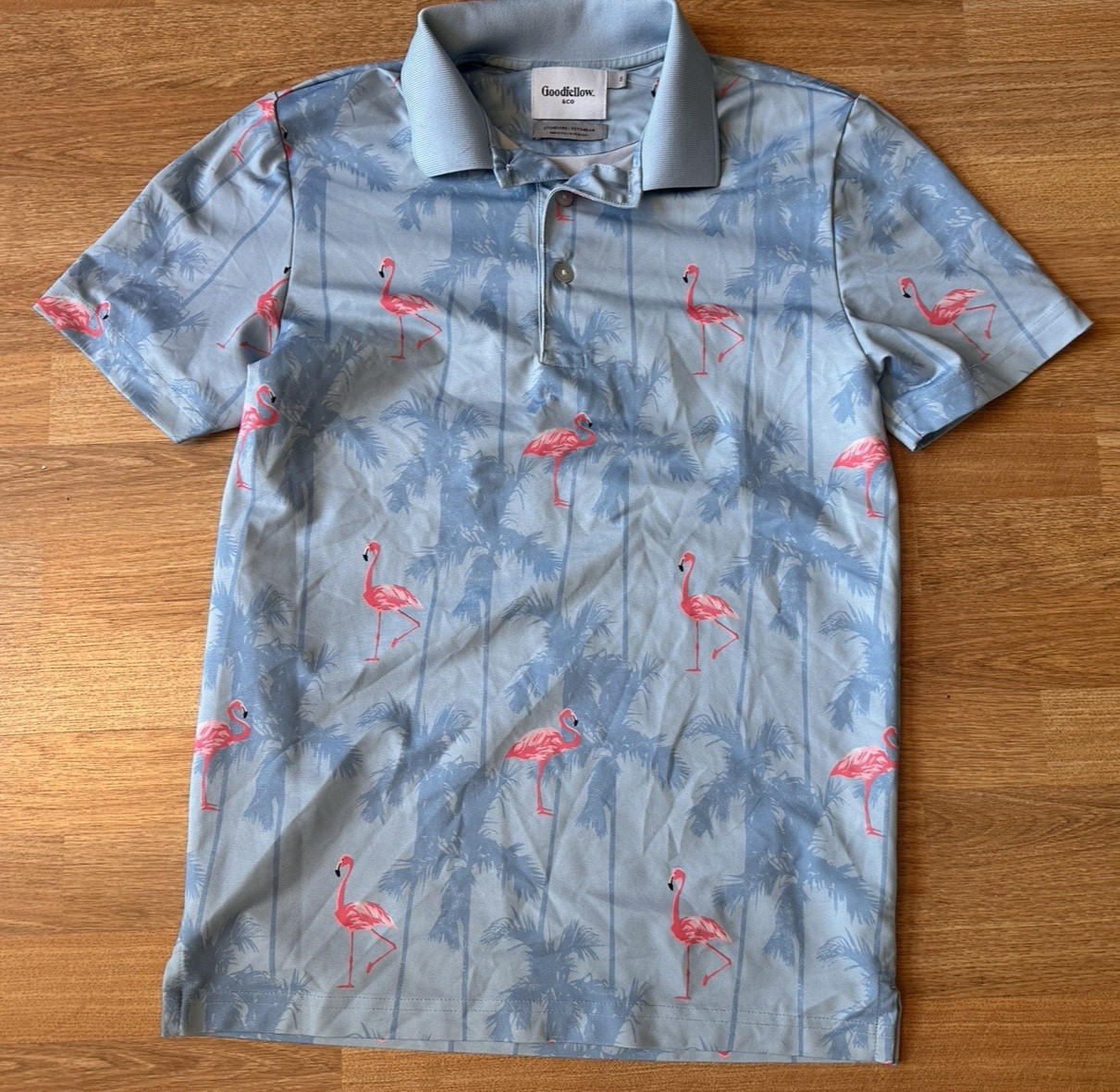 Goodfellow & Co. Blue W/ Pink Flamingo Polo Athletic Short Sleeve Shirt - Small gallery