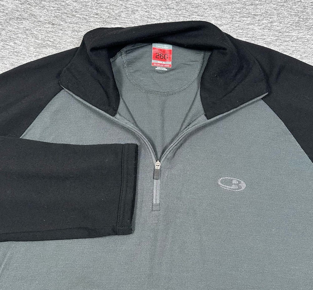 Icebreaker Pullover Mens XL Gray Black Bodyfit 260 Merino Wool 1/4 Zip Outdoor