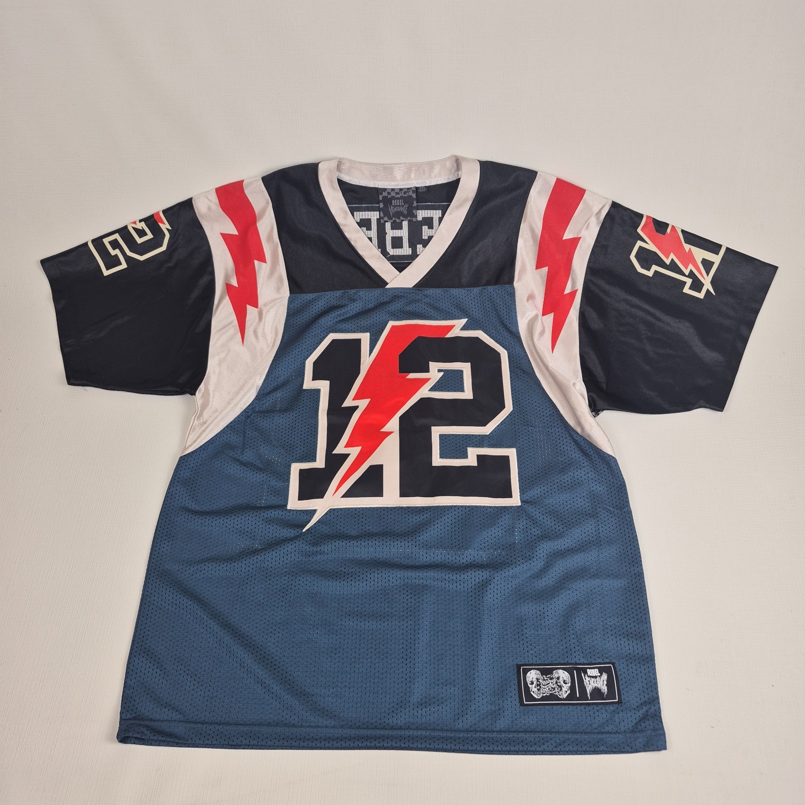 Rebel Vengeance Football Jersey #12 Men’s 3XL Blue Red Beige Lighting Bolt NWT gallery