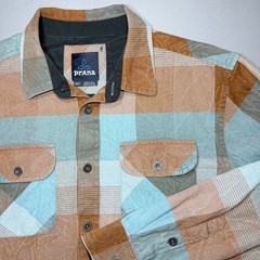 prAna Lybek Flannel Mens Medium Turquoise Orange Plaid Gorpcore Organic Cotton