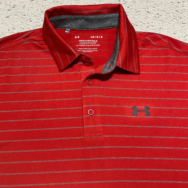 Under Armour Mens Large Polo Golf Shirt Red Striped Short Sleeve The Playoff gallery