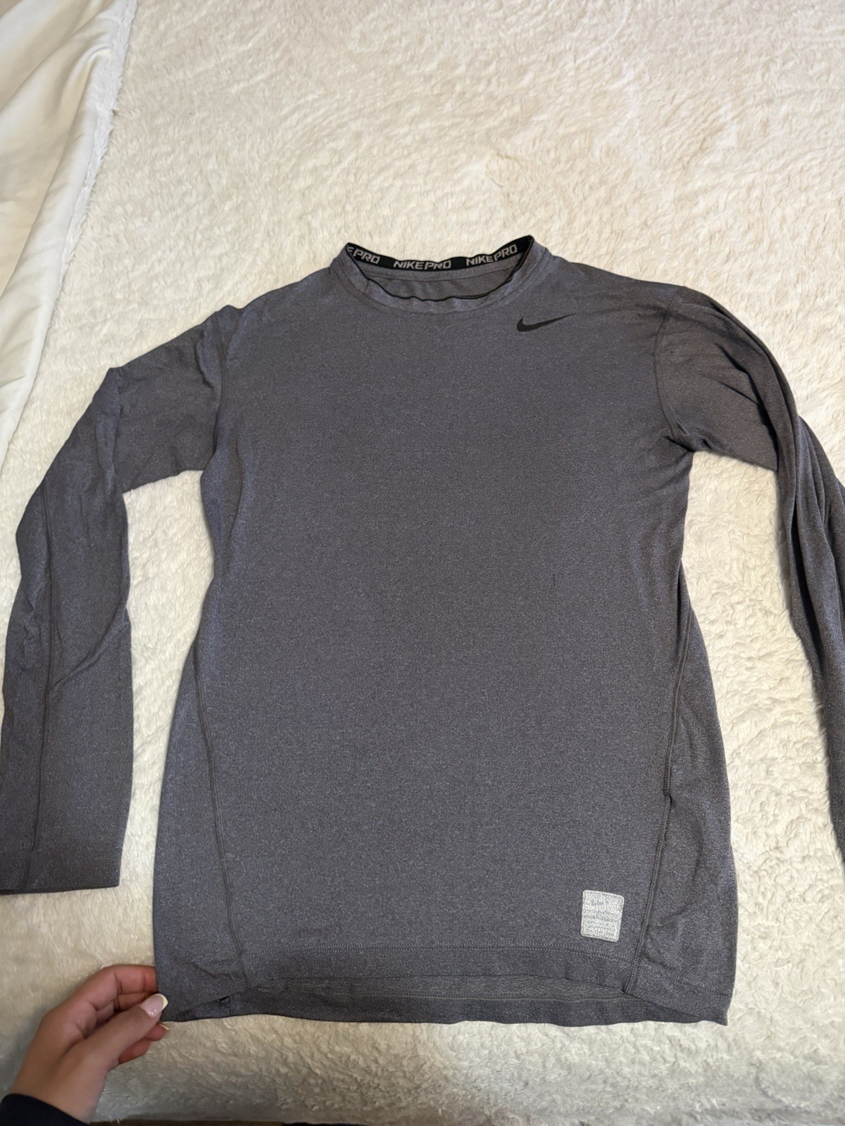 Nike Pro Men's Gray Compression T-Shirt S Long Sleeve Crew Neck Logo Gym gallery