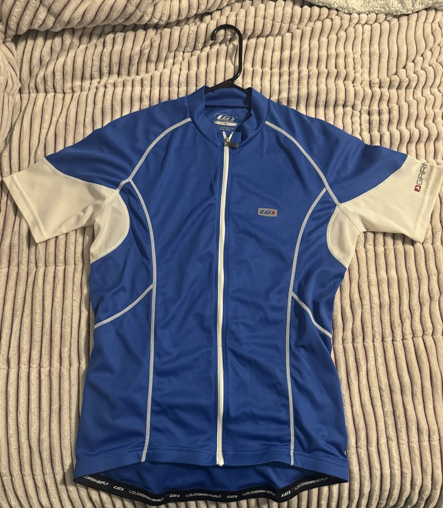 Louis Garneau Cycling Shirt Jersey Mens Medium Blue Black Short Sleeve Full Zip