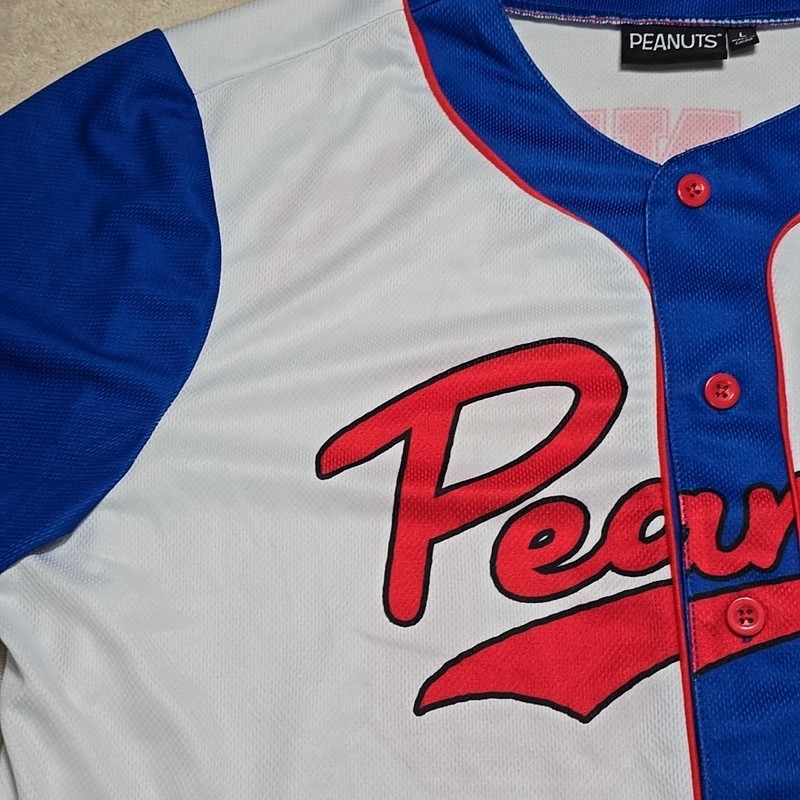 Peanuts Snoopy Baseball Jersey Large White Blue Button Front Short Sleeve gallery