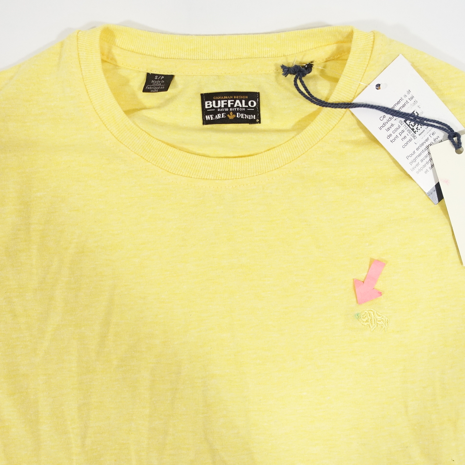 BUFFALO DAVID BITTON YELLOW SMALL EMBROIDERED LOGO TEE TSHIRT MENS DEFECT gallery
