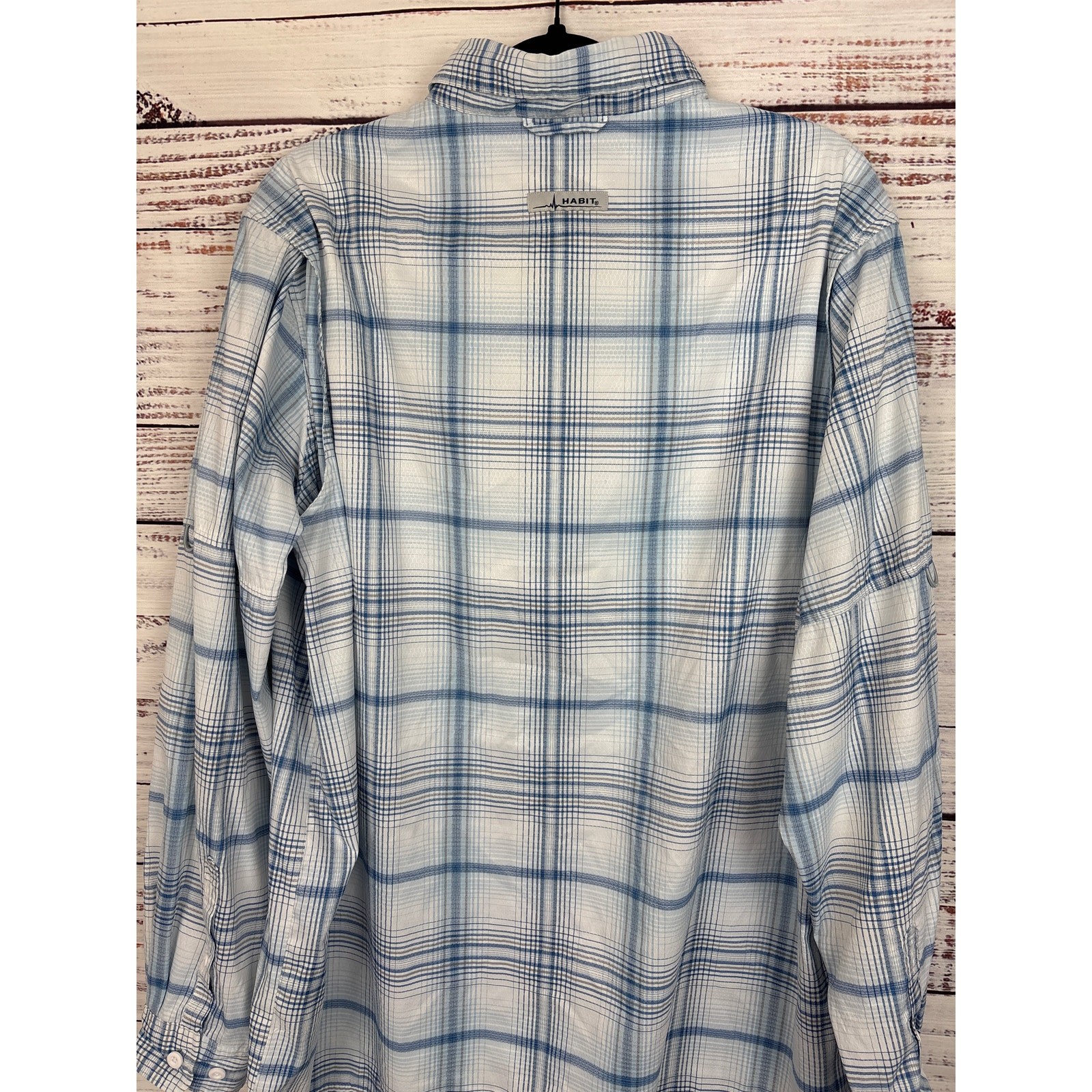 Mens Habit Solar Factor Fishing Button Up Shirt Blue White Plaid Vented Sz L gallery