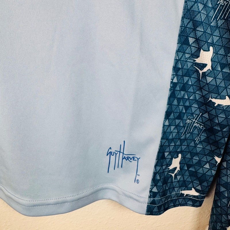 Guy Harvey Mens Performance Long Sleeve Sun Shirt Blue Shark Print UPF 50 Small gallery
