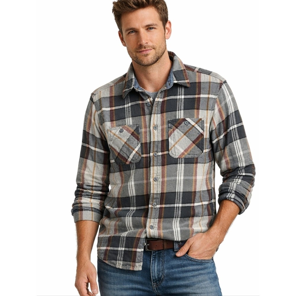 Lands’ End Flannel Shirt Men M Charcoal Plaid Traditional Fit Cotton Button Down