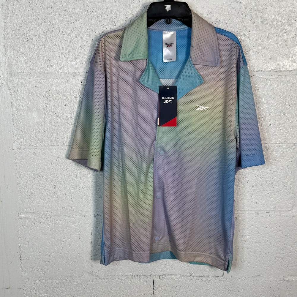 Reebok Men's Classics Dopamine Snap Front Mesh Shirt - Blue Multi Small