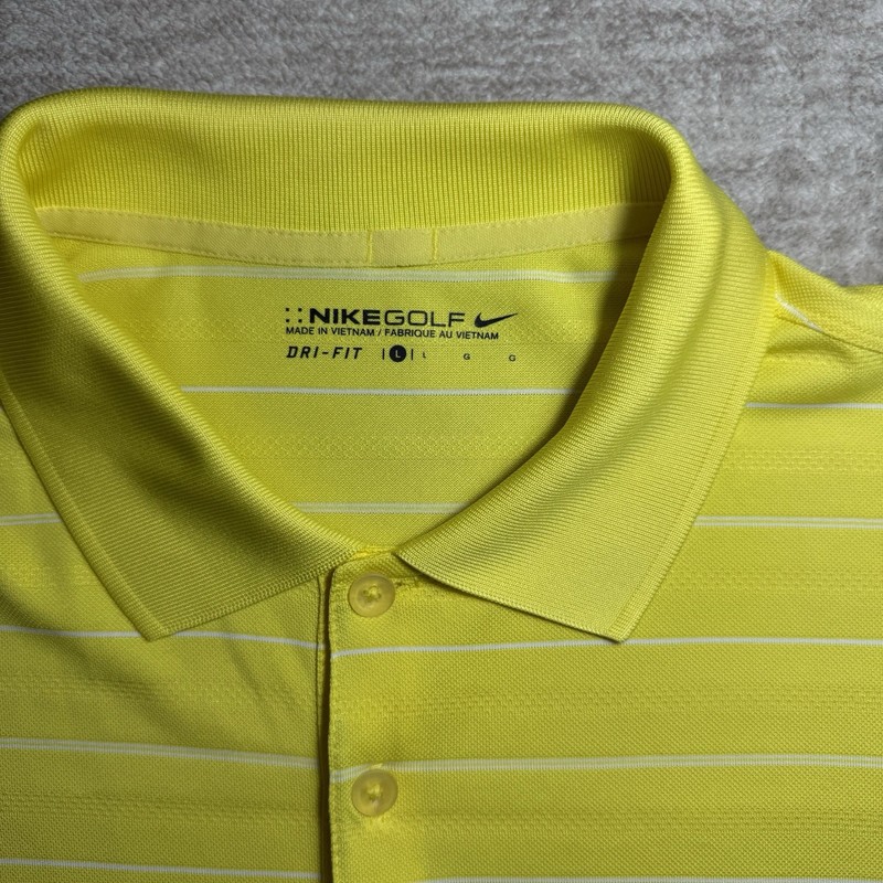 NIKE GOLF DRI FIT TOUR PERFORMANCE Yellow Striped Polyester Polo Swoosh Men L gallery
