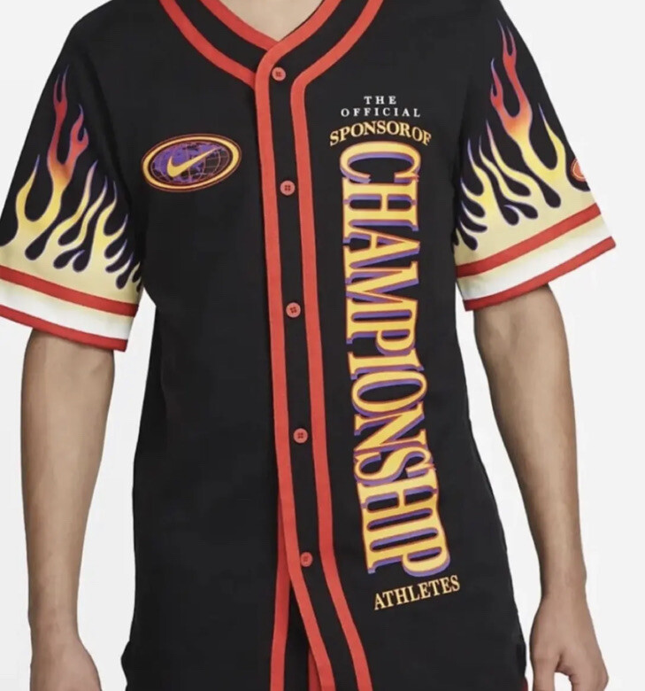 Nike Americana Top Flames Button Shirt Black Orange MSRP $85 DV9642-010 Size S gallery