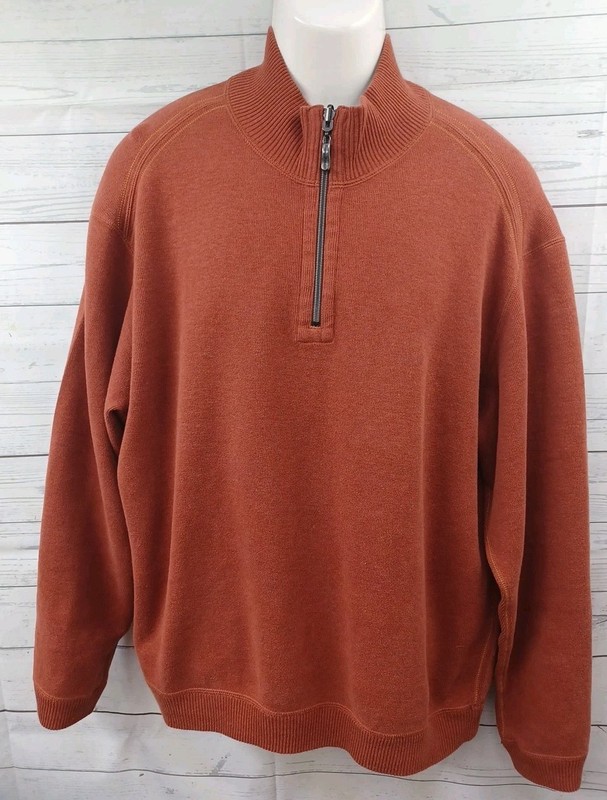 Tommy Bahama Men Orange Rust Brown Crochet Sweater Jacket Henley 1/4 Zip Sz XL gallery