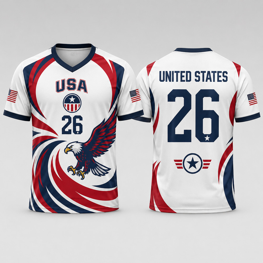 Custom Patriotic Eagle Soccer Jersey V Neck Red White Blue Football Shirt Unisex
