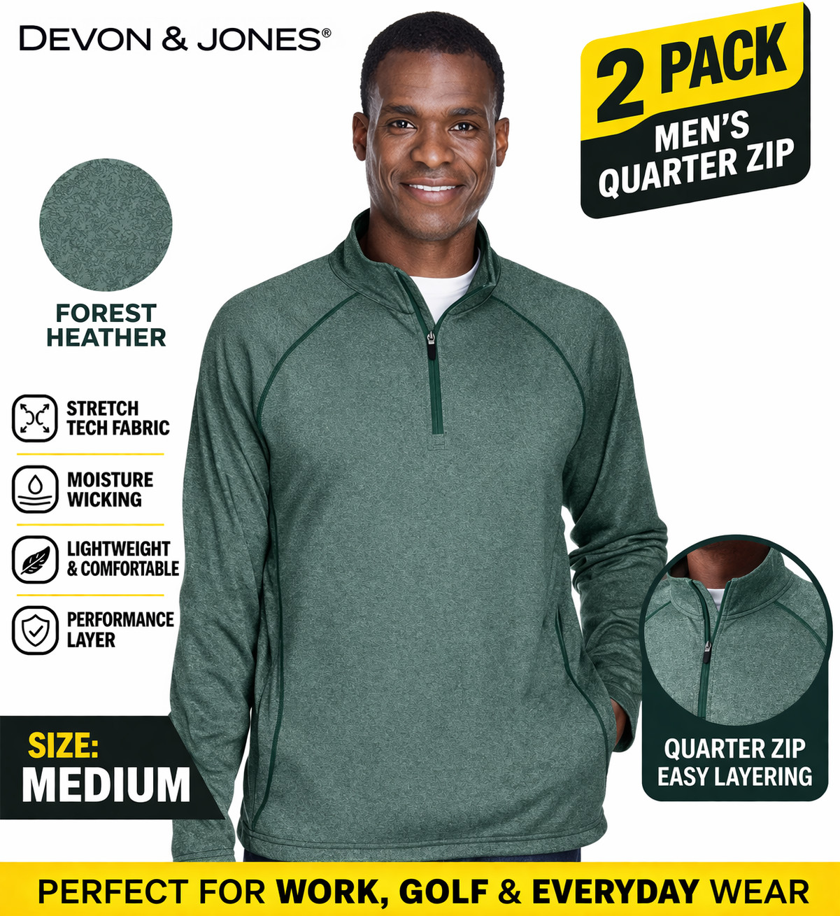 Devon & Jones Mens Quarter Zip 2 Pack DG440 Stretch Pullover Work Golf Medium gallery
