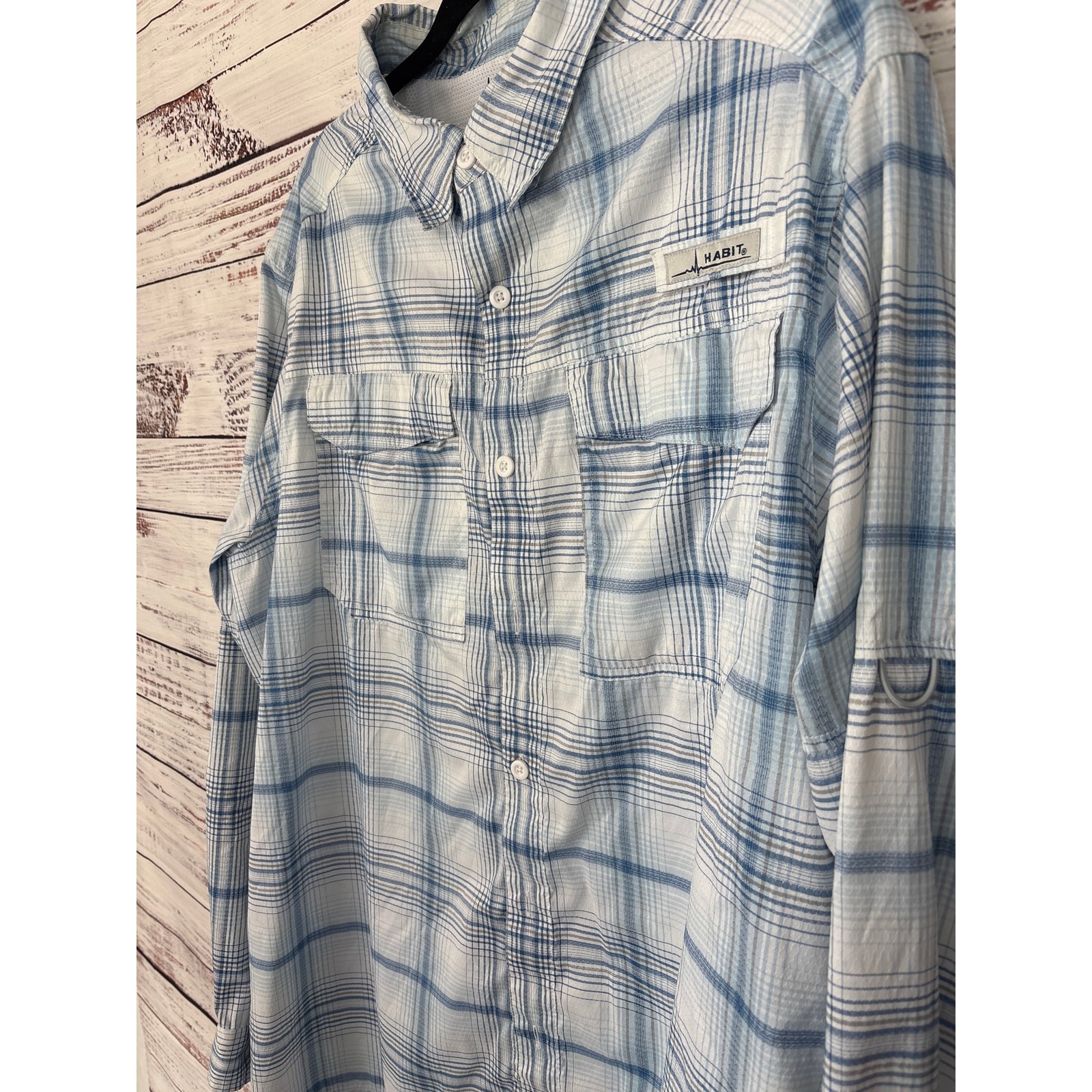 Mens Habit Solar Factor Fishing Button Up Shirt Blue White Plaid Vented Sz L gallery