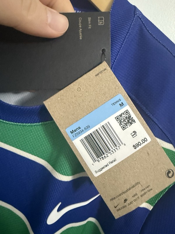 Nike Court Dri-FIT ADV Tennis Shirt Mens Medium Blue Green Striped FZ6934-539 gallery