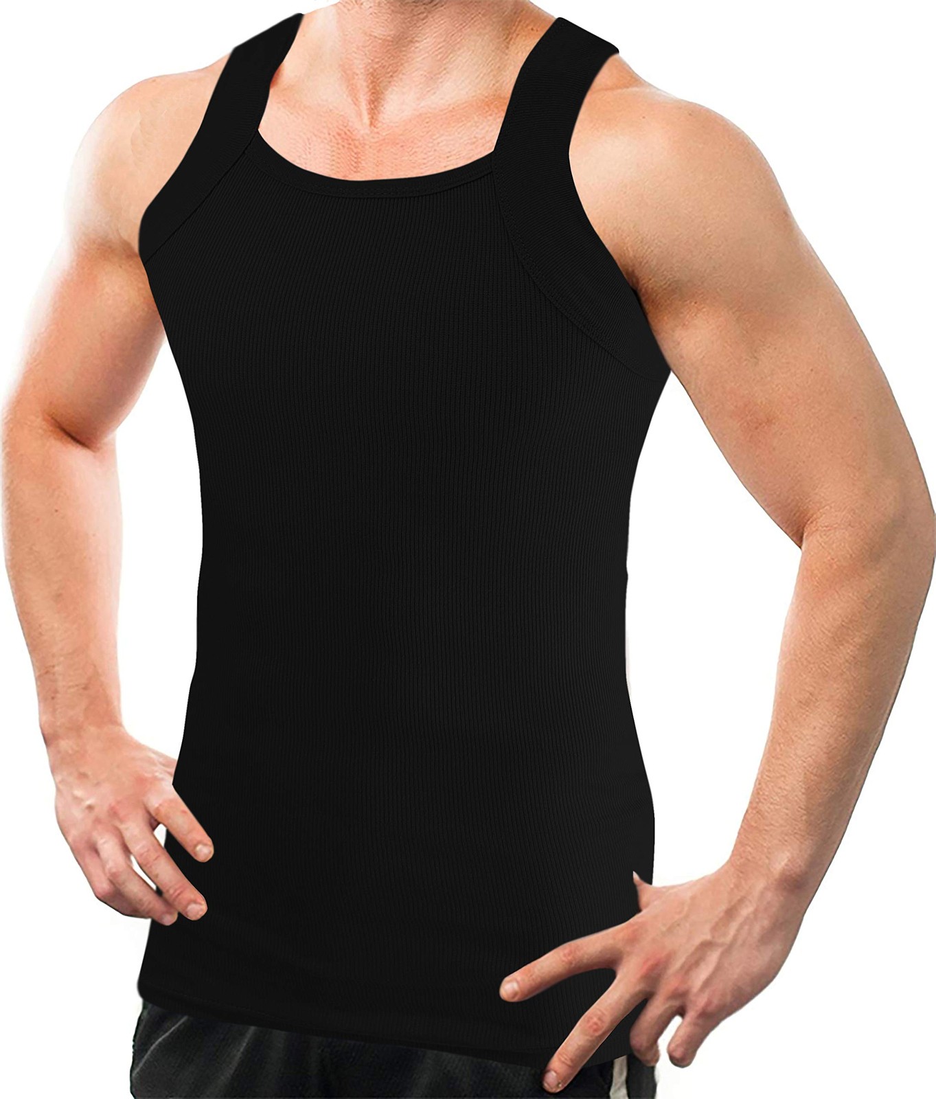 Different Touch Men Cotton Tank Top Square Cut Muscle Rib Small, Black gallery