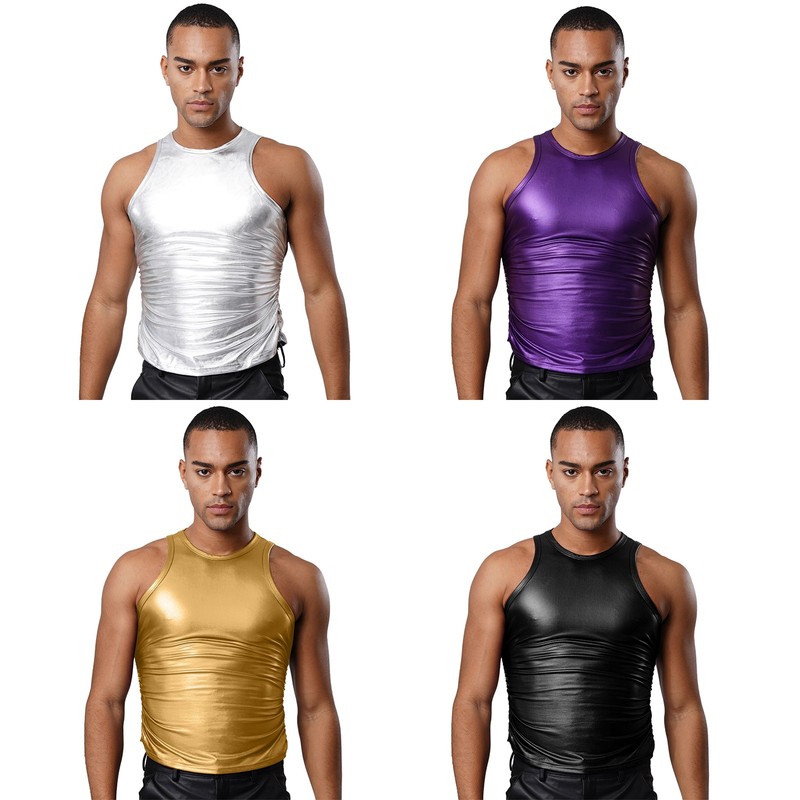 Men's Metallic Shiny Tank Top Round Neck Sleeveless Shirt Top Glossy Club Wear gallery