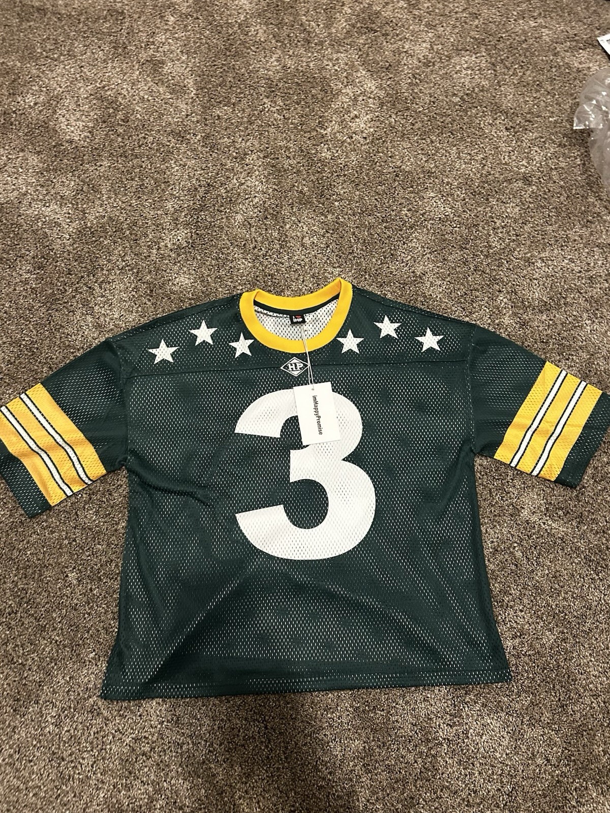 Happy AF Green Mesh Jersey Number 3 Stars Yellow Stripes Crew Neck Size M gallery