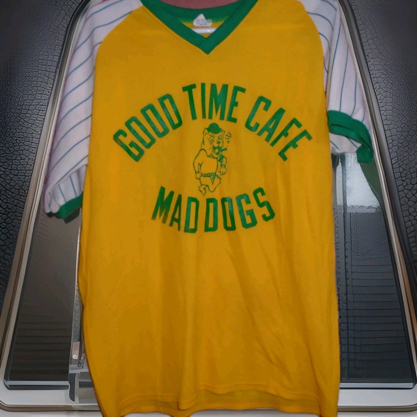 GOOD TIME CAFE MAD DOGS #45 VINTAGE 1980S MENS BASEBALL JERSEY SIZE 46/48 gallery