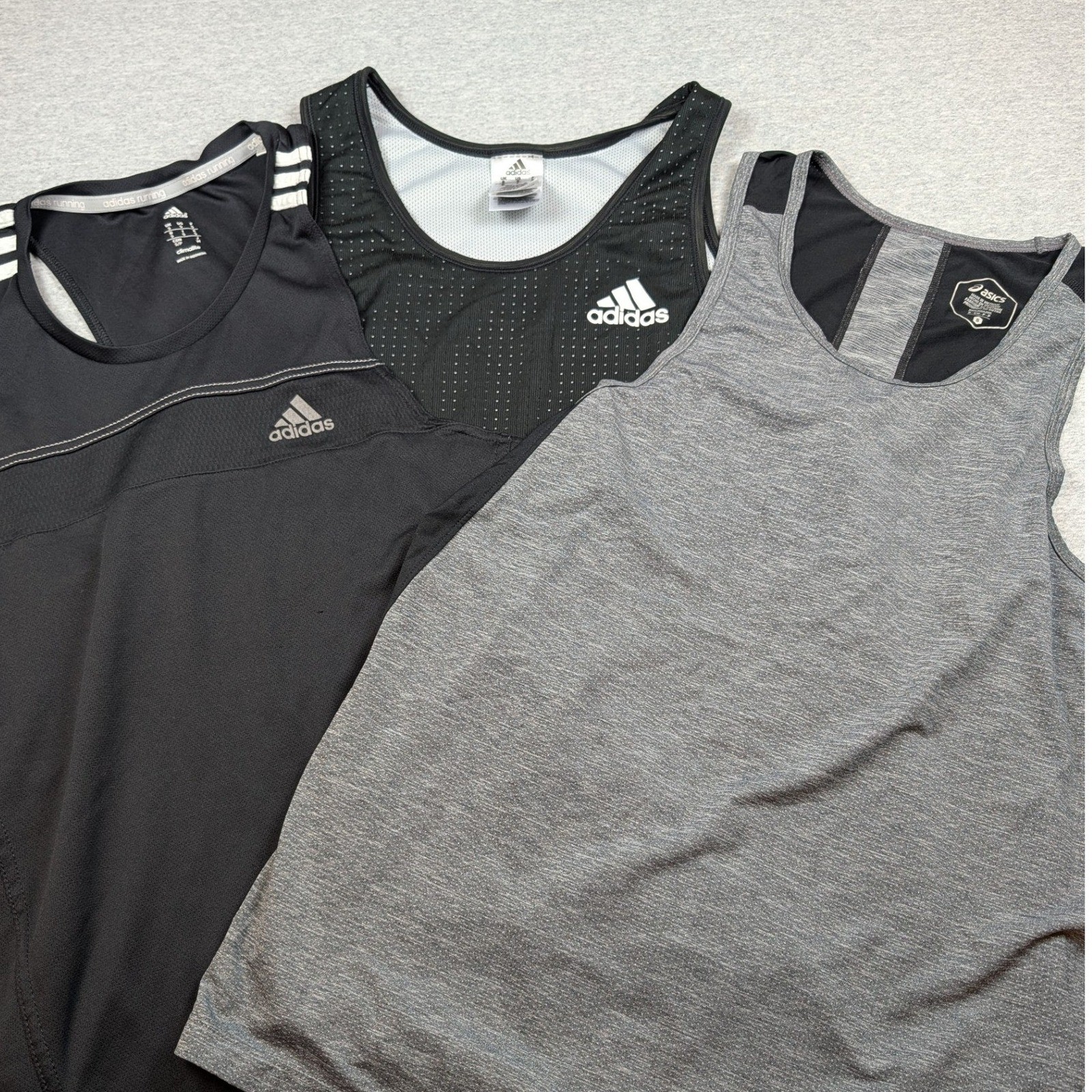 Lot of 3 Adidas and Asics Mens Running Tank Tops Size Small Black Gray Workout gallery