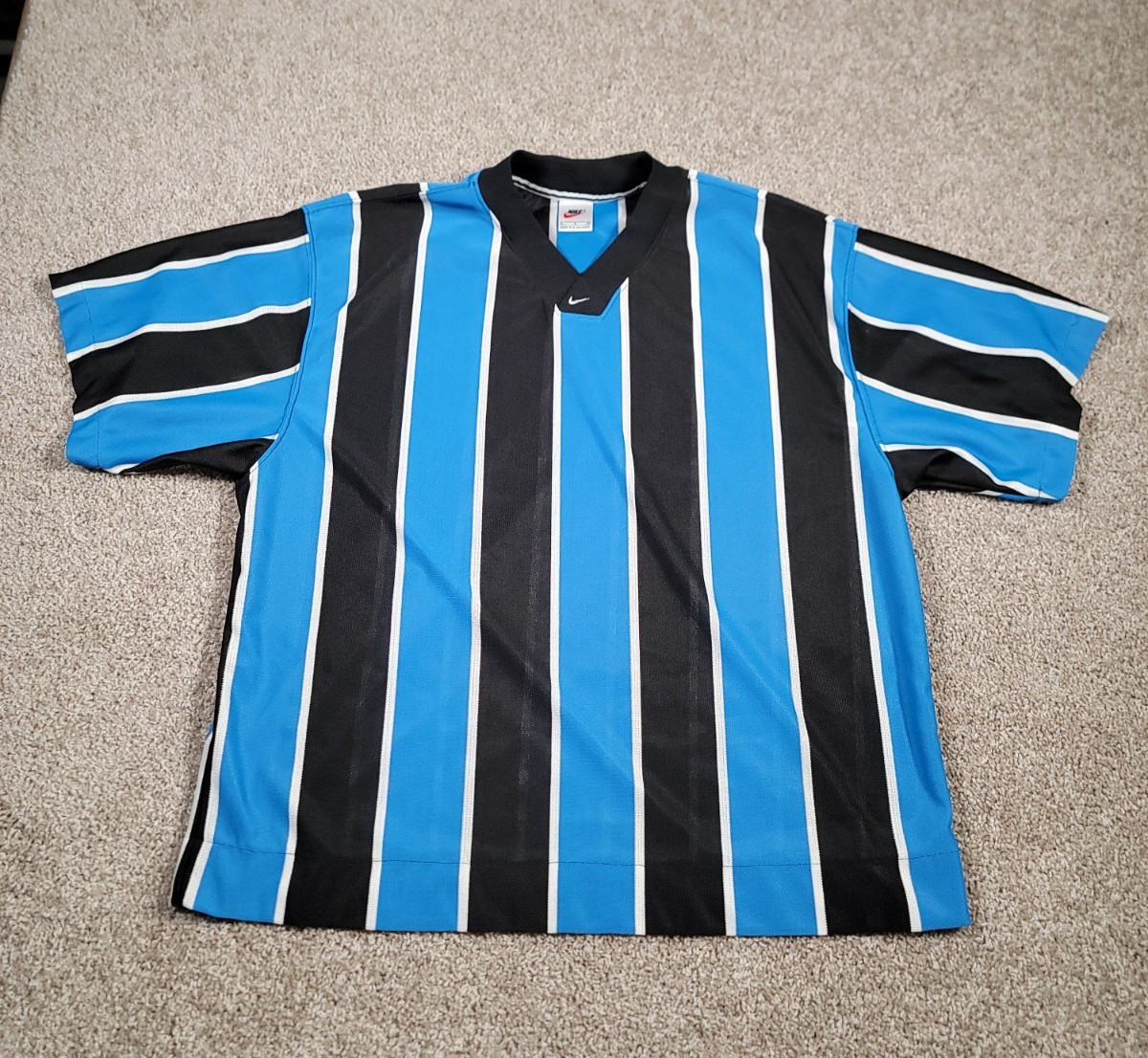 Vintage 90s Nike Soccer Jersey Shirt Large Blue Striped Center Swoosh Rare Y2K gallery