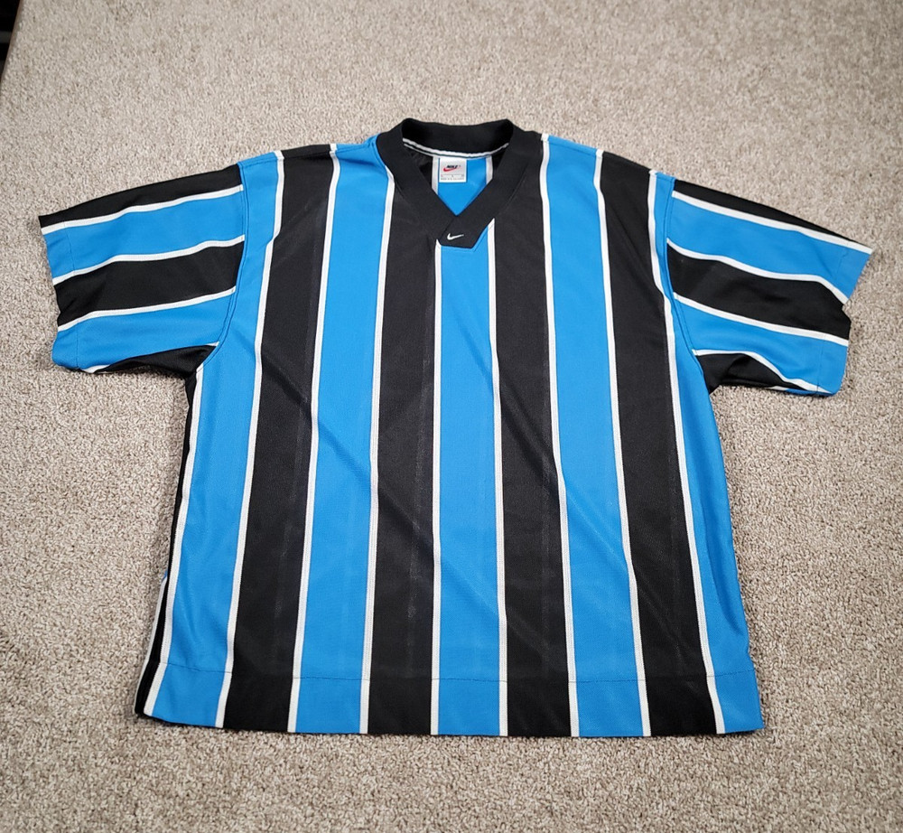 Vintage 90s Nike Soccer Jersey Shirt Large Blue Striped Center Swoosh Rare Y2K
