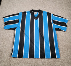 Vintage 90s Nike Soccer Jersey Shirt Large Blue Striped Center Swoosh Rare Y2K