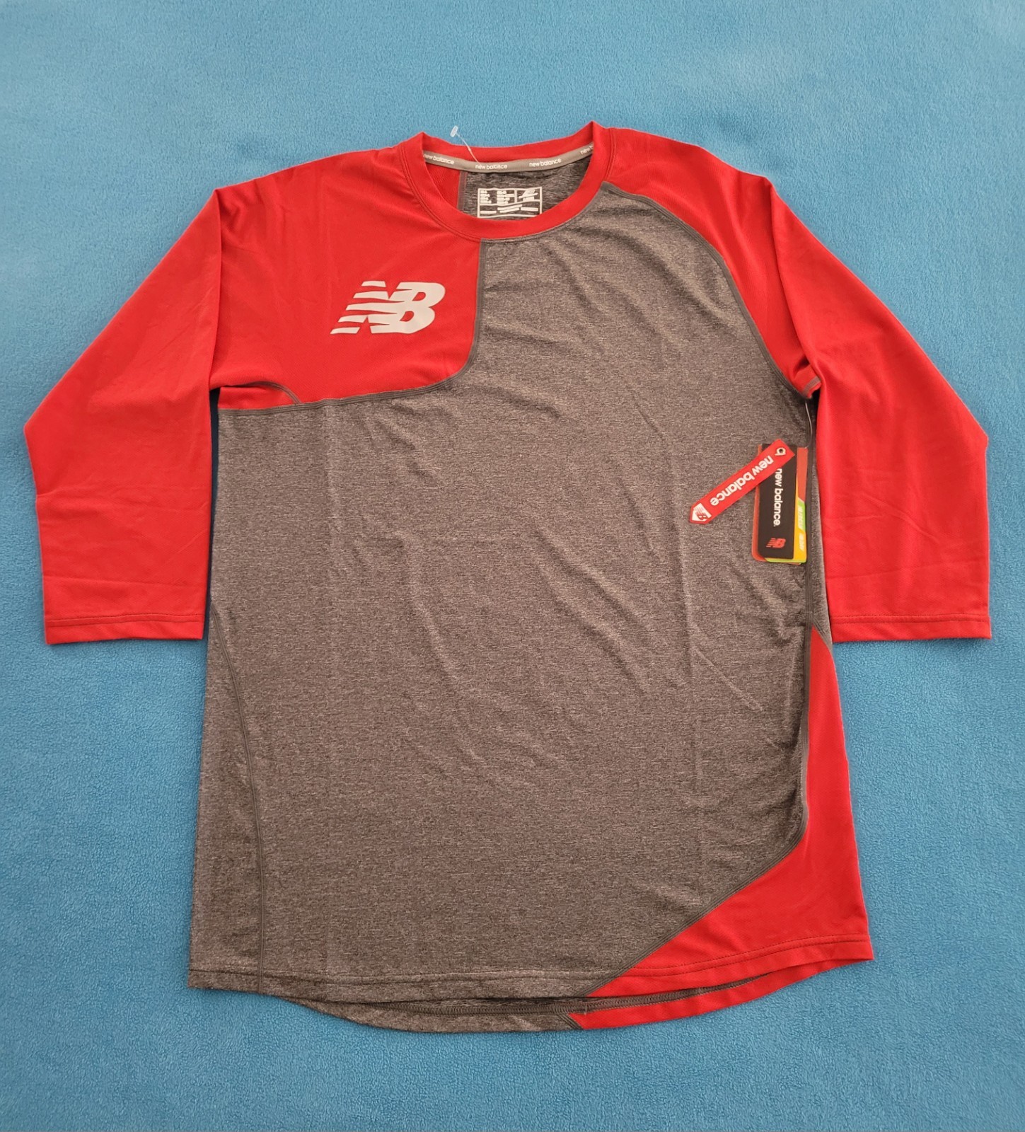 New Balance Mens Asym 2.0 Rightie Baseball Tee Shirt 3/4 Sleeve Red and Gray gallery