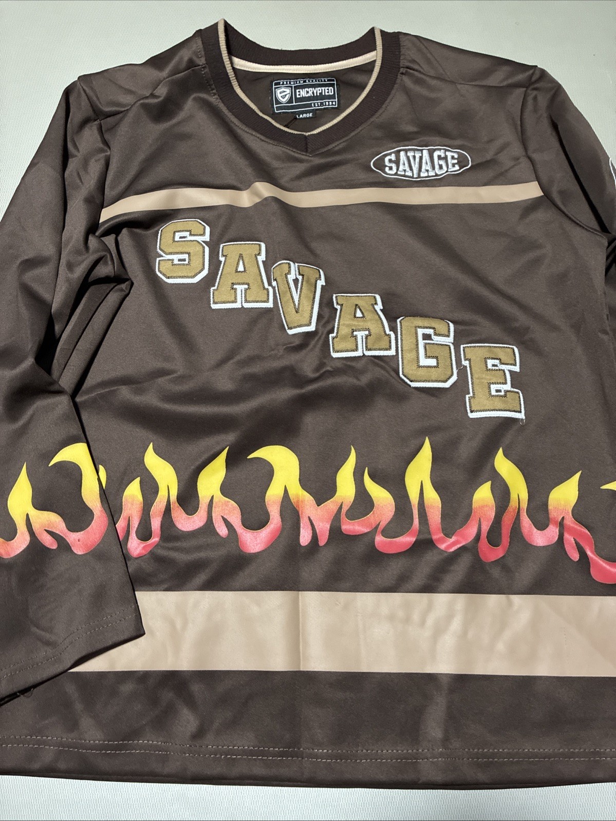 Encrypted Jersey Shirt Men's Size L Brown Savage Embroidered Flames Y2k Hockey gallery