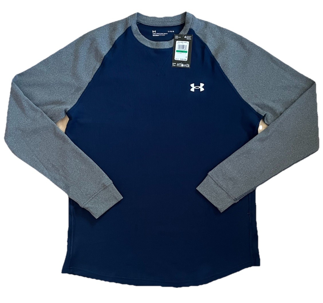 NWT Under Armour Men's UA Waffle Crew Long Sleeve Shirt Comfort Blue Gray Size L gallery