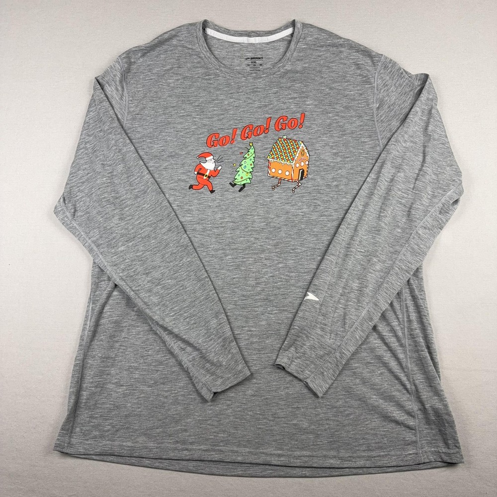 Brooks Shirt Mens 2XL Gray Run Happy Long Sleeve Christmas Santa Tee Graphic