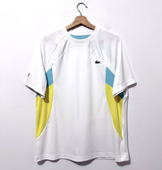 Lacoste Sport Mens T Shirt L White Blue Yellow Short Sleeve Crew Neck Logo