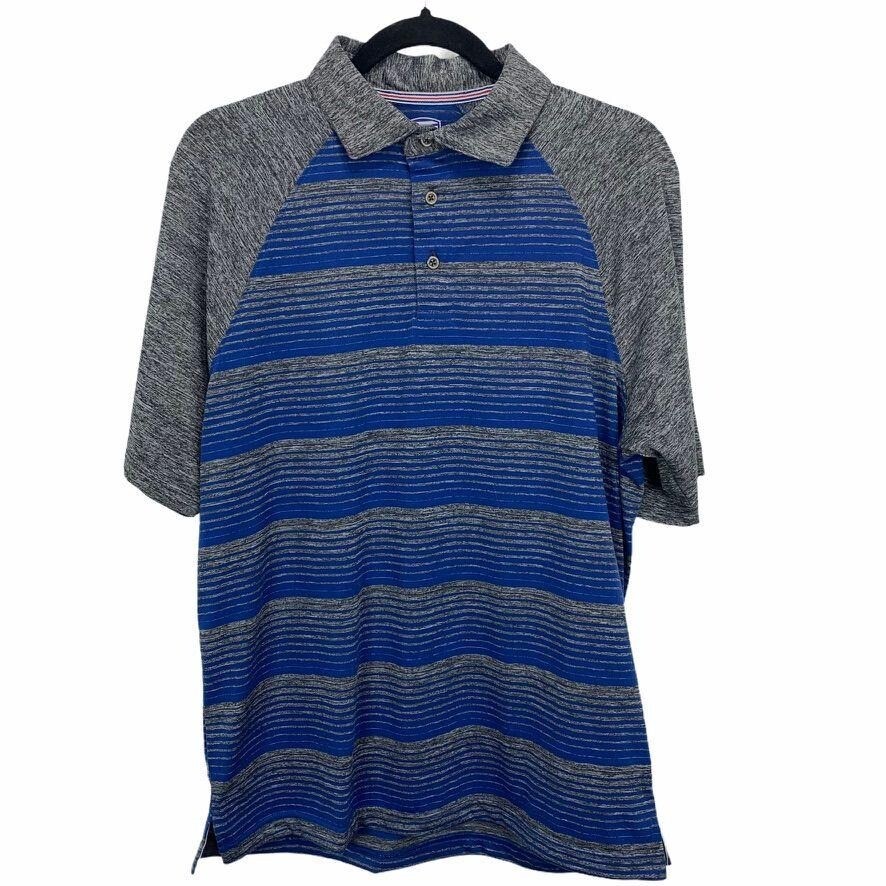 GolfAmerica Golf Polo Shirt Heather Grey Blue Stripes 3 Buttons Made in Oman M
