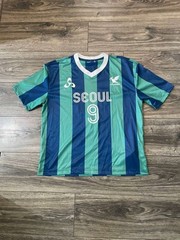 Hollister Men’s Medium Seoul 9 Soccer Jersey Teal Blue Striped Boxy Fit