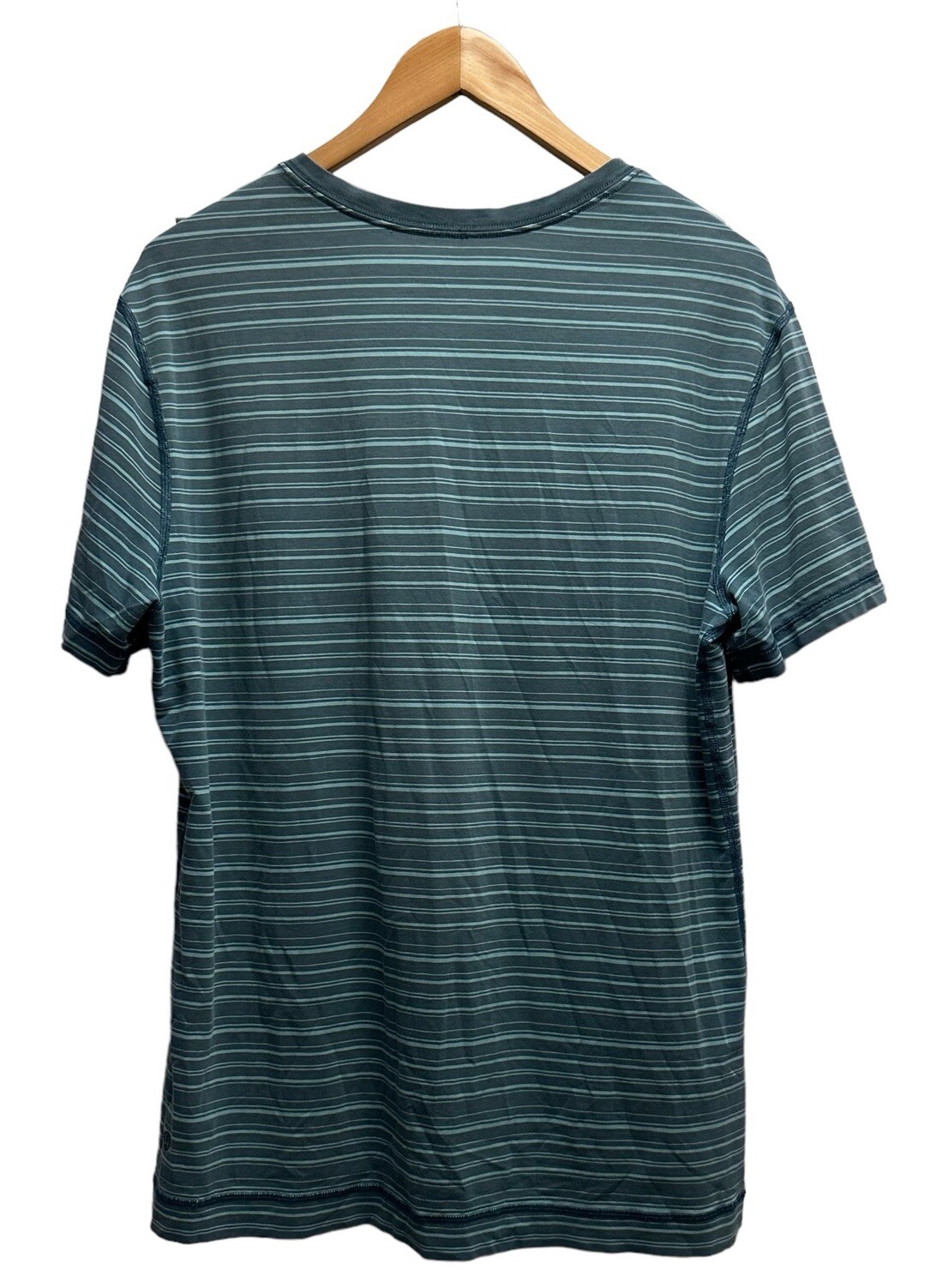 Lululemon Mens Sz Large 5 Year Basic V-Neck Tee T-Shirt Teal Blue Stripe S/S euc gallery