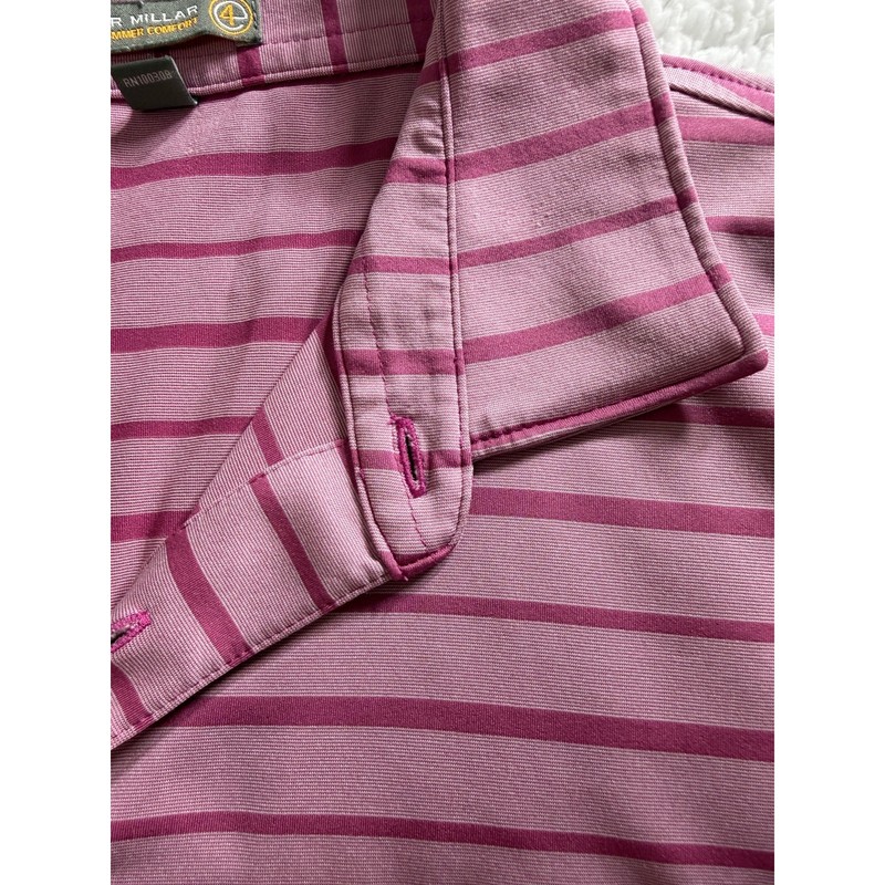 Peter Millar Pink Striped Performance Polo Shirt Men's Large Golf Stretch gallery