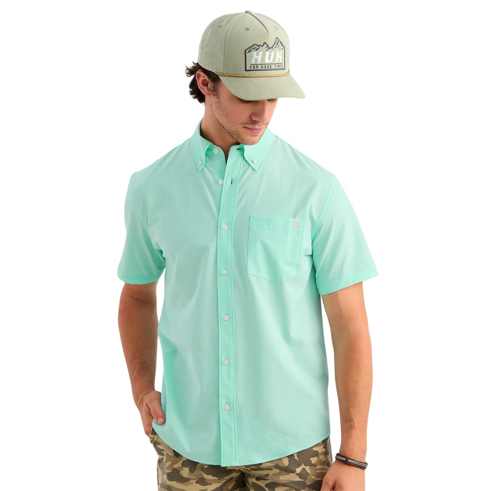 Huk Kona Solid Short Sleeve Men's Button-Down Shirt, Caicos, Large gallery