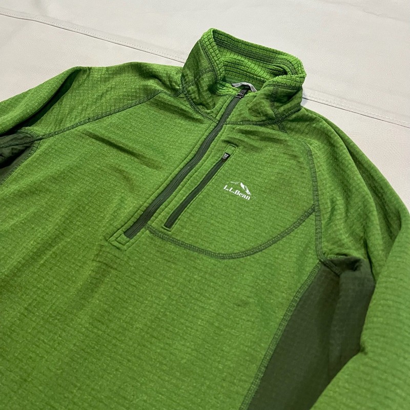 LL Bean Men M Green Micro Grid Fleece Hoodie Quarter 1/4 Zip Hike Trek Sweater- gallery