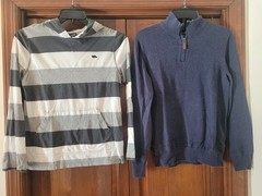 Youth XL Hawk Long Sleeve T-Shirt w/Hood, Grey/White & Men’s Small Pullover
