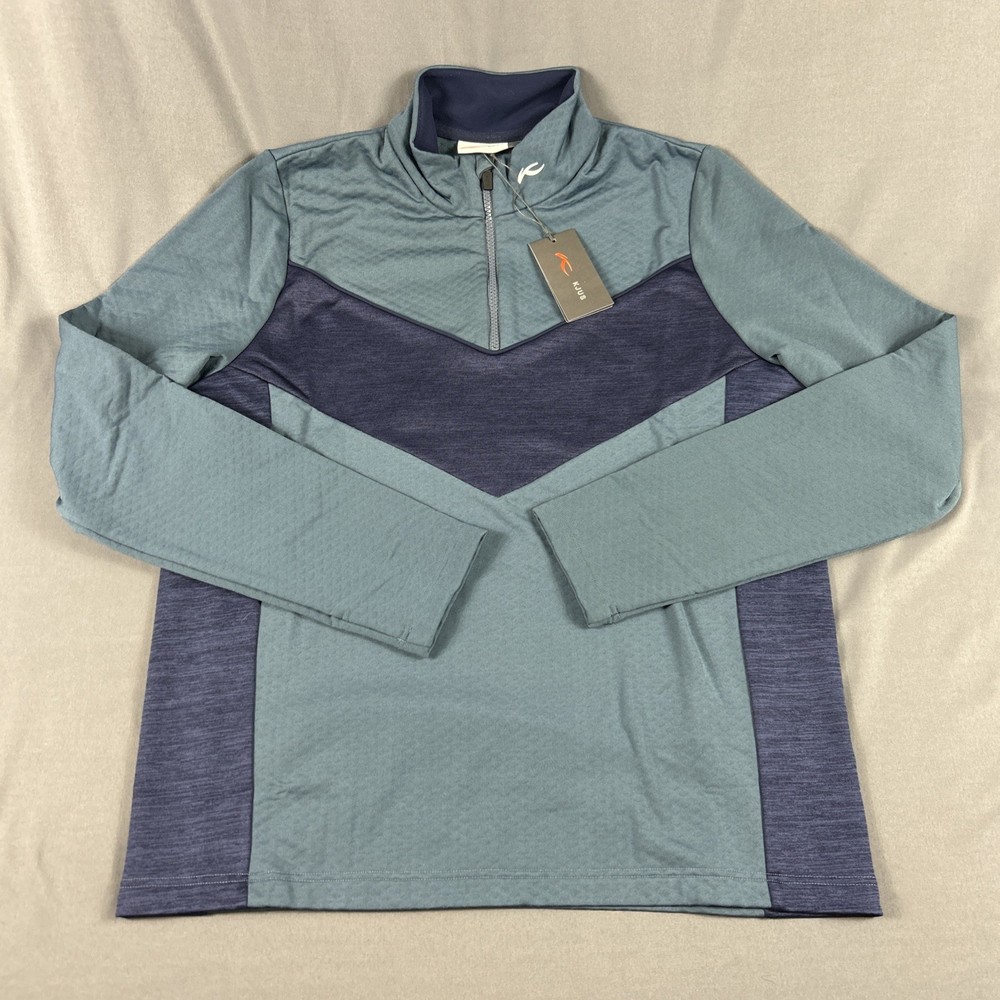 KJUS Golf Pullover Damon Midlayer Half Zip Medium Steel Blue Polyester Wool $249