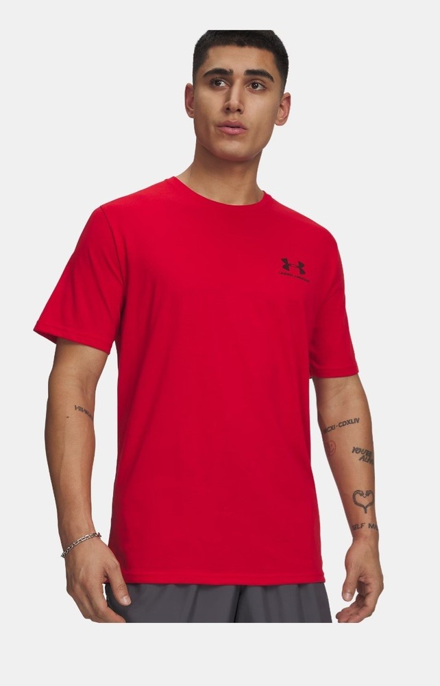 Under Armour Left Chest Logo Mens Short Sleeve Shirt Red W Black Logo-Size Large